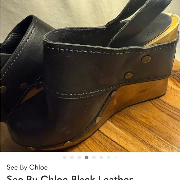 See By Chloe Black Leather Clogs with Wooden Platform